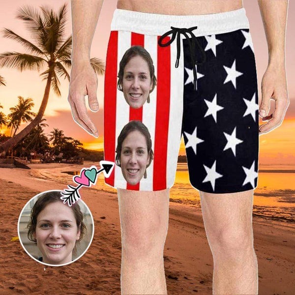 Custom Face Stars Men's Quick Dry Swim Shorts, Personalized Funny Swim Trunks