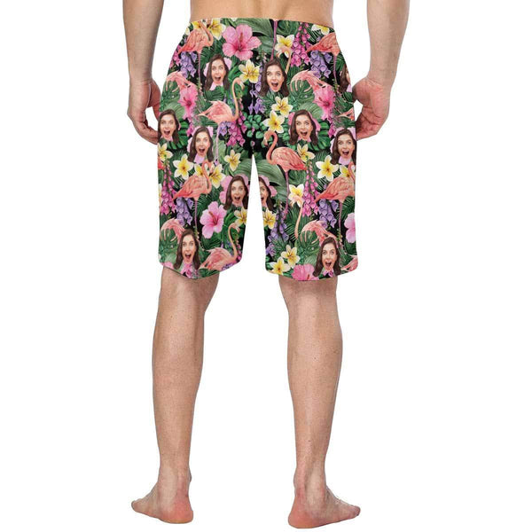 Custom Face Flamingo Flowers Personalized Photo Men's Elastic Beach Short