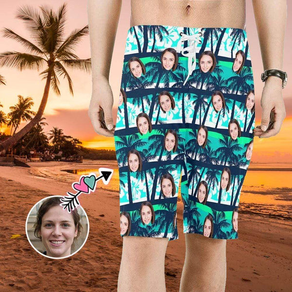 Custom Face Coconut Tree Personalized Photo Men's Beach Short-Drawstring Short