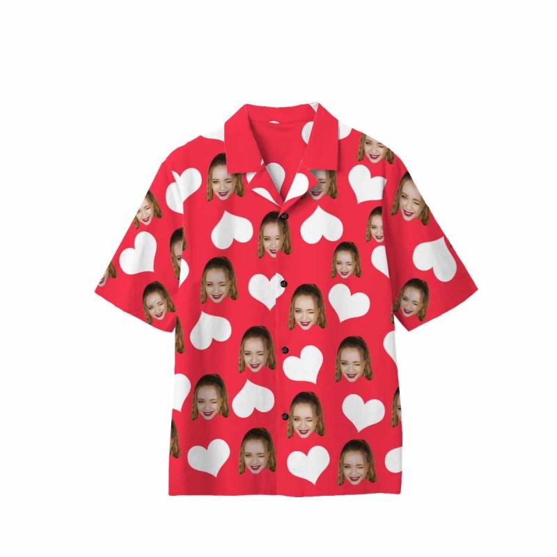 Custom Face Hawaiian Shirt White&Red Heart Custom Aloha Shirts Create Your Own Aloha Shirt Gift