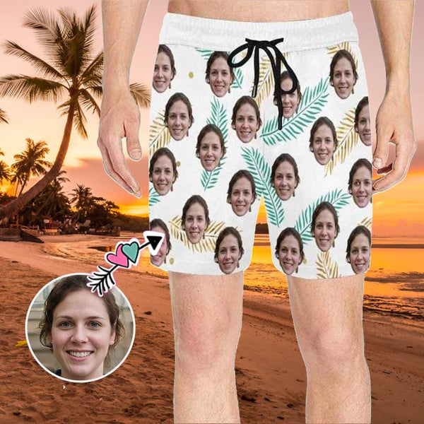 Custom Face Leave Men's Quick Dry Swim Shorts, Personalized Funny Swim Trunks