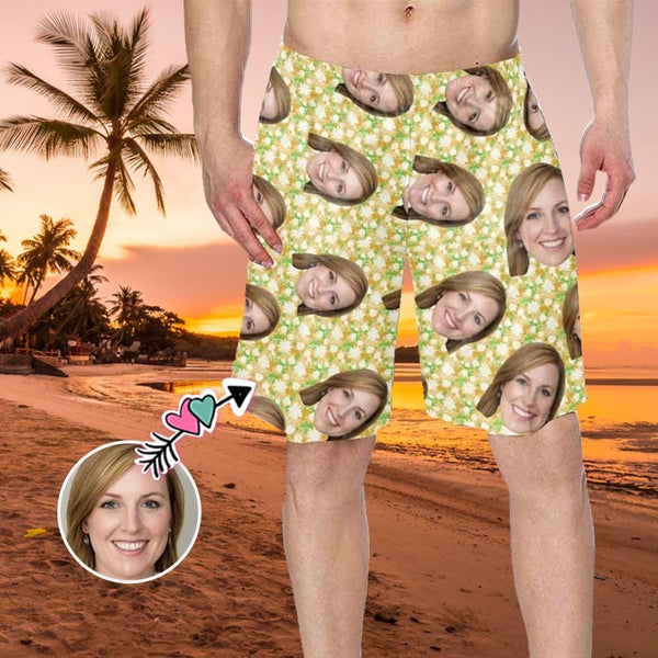 Custom Face Floral Pattern Personalized Photo Men's Elastic Beach Short