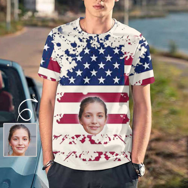 Custom Face T-shirt with American Flag for Him Put Your Face on Tee Shirt Peronalized Shirt Gift