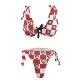 Custom Face In Red And White Grids Women's Back Strap Bikini Personalized Grid Face Swimsuit