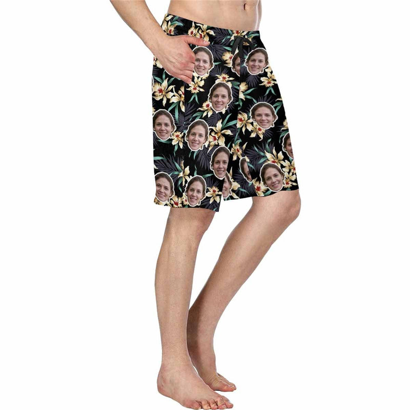 Custom Face Yellow Flowers Personalized Photo Men's Beach Short-Drawstring Short