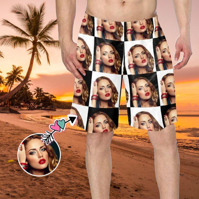 Custom Girlfriend Face Black & White Gird Men's Beach Shorts