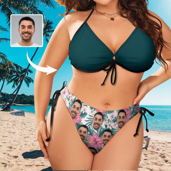 #Plus Size Swimwear-Custom Husband/Boyfriend Face Green Sexy Plus Size Bikini Two-piece Swimsuit