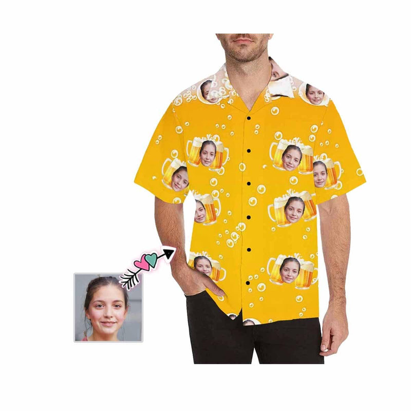 Design Your Own Hawaiian Shirt with Girlfriend Face Beer Yellow Personalized Photo Tropical Aloha Shirt