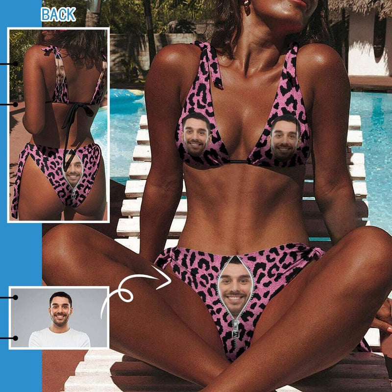 Custom Face Pink Leopard Personalized Women's Back Strap Bikini Swimsuit Valentines Day For Her