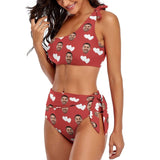 Custom Face Double White Love Red Background One Shoulder Tie Crop Top & High-Waisted Bikini