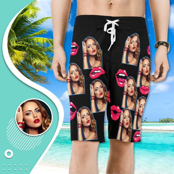 Custom Girlfriend Face Red Kiss Personalized Photo Men's Beach Short-Drawstring Short