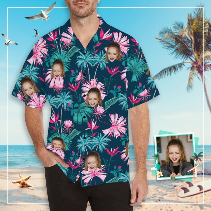 Custom Made Hawaiian Shirts with Face Pink Flower Create Your Own Hawaiian Shirt Personalise Face Aloha Shirt Gift For Him