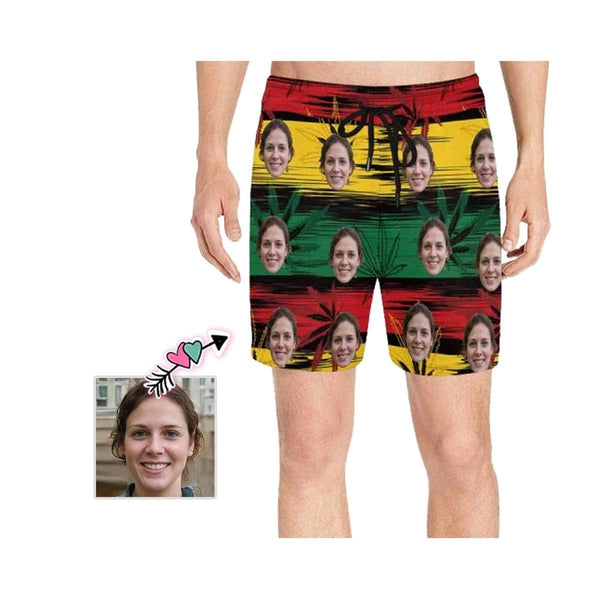 Custom Face Leaves Men's Quick Dry Swim Shorts, Personalized Funny Swim Trunks