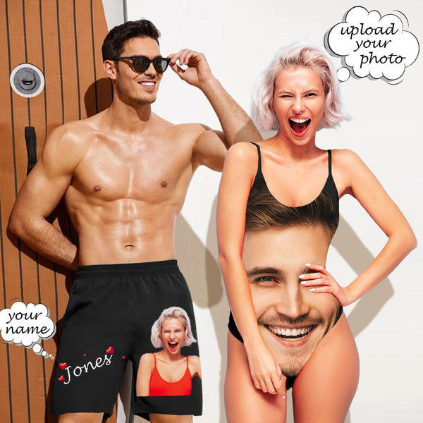 Couple Swimwear Beach Short Bathingsuit Custom Face Couple Men's Beach Custom Face&Text Beach Short And Lover's Face Swimsuit