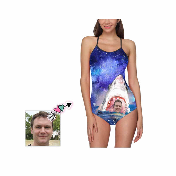 Custom Husband Face Shark Women's Slip One Piece Swimsuit