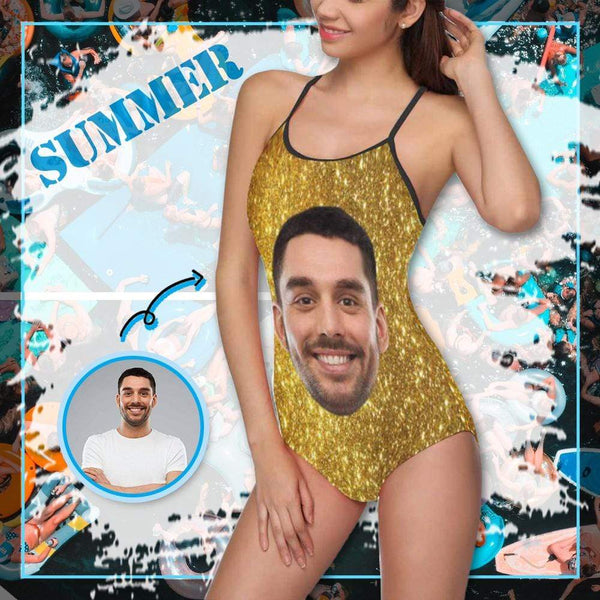 Custom Face Shiny Golden Women's Slip One Piece Swimsuit