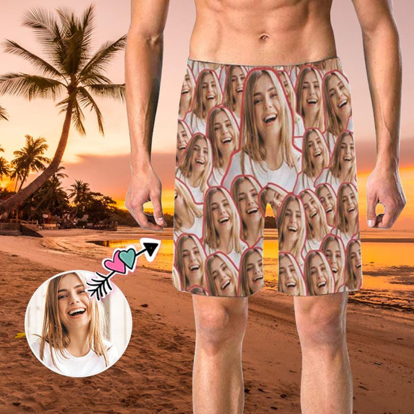 Custom Photo Red Line Men's Elastic Beach Shorts