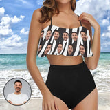 Custom Face Black&White Bikini Personalized Swimsuit Stripes Ruffle Bathing Suits