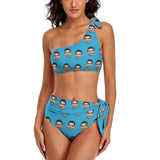 Custom Face Blue Bikini Personalized One Shoulder Tie Crop Top & High-Waisted Swimsuit