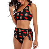 Custom Face Double Red Love Personalized Bikini Swimsuit One Shoulder Tie Crop Top & High-Waisted Bikini Honeymoons For Her