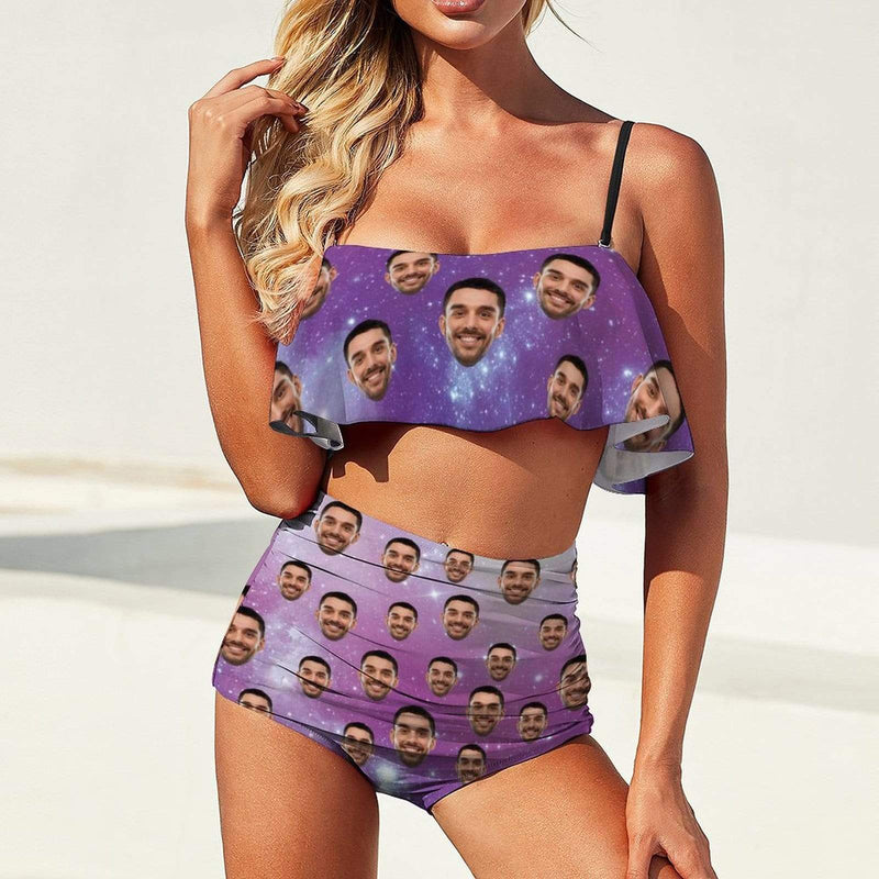 Custom Face Purple Starry Sky Personalized Bikini Swimsuit Beautiful Ruffle Bathing Suits Pool Party