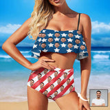 [Top Selling] Custom Face American Flag Personalized Bikini Swimsuit Ruffle Bathing Suits Celebrate Holiday Party