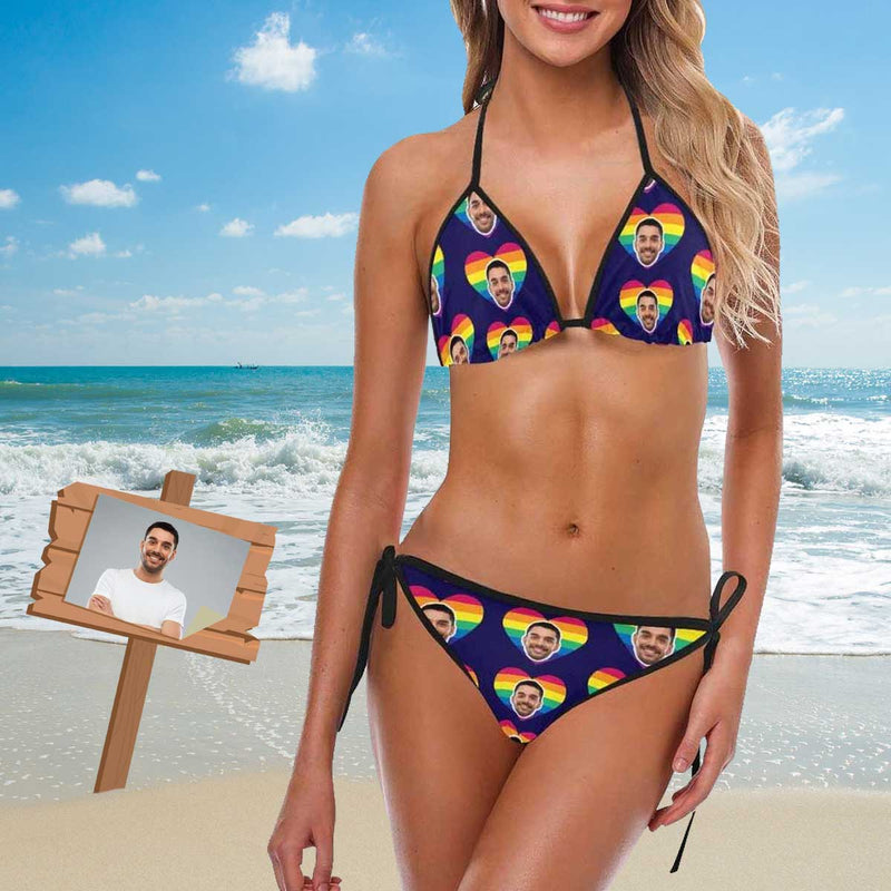 Custom Face Bikini Personalized Rainbow Heart Bikini Swimsuit Gift for Girlfriend or Wife