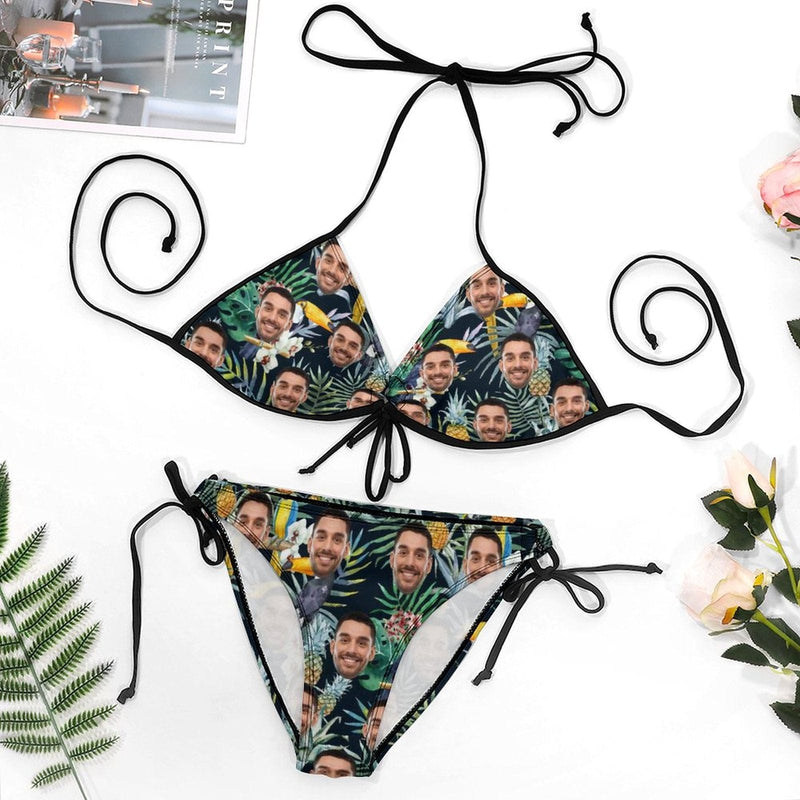 #Plus Size Swimwear-Custom Husband/Boyfriend Face Hawaiian Style Sexy Plus Size Bikini Two-piece Swimsuit