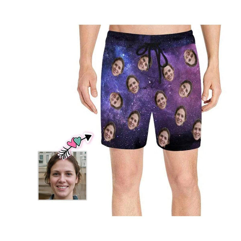 Custom Face Starry Sky Men's Quick Dry Swim Shorts, Personalized Funny Swim Trunks