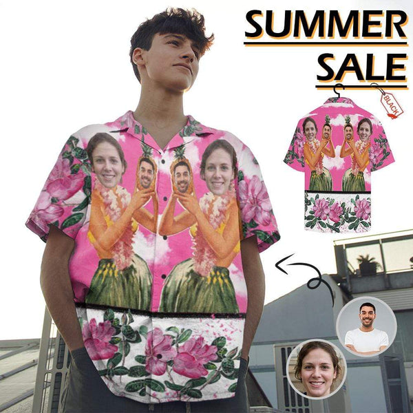 Custom Image Hawaiian Shirt with Face Pink Sky Beauty Flower Tropical Aloha Shirt Make Your Own Aloha Shirt for Him