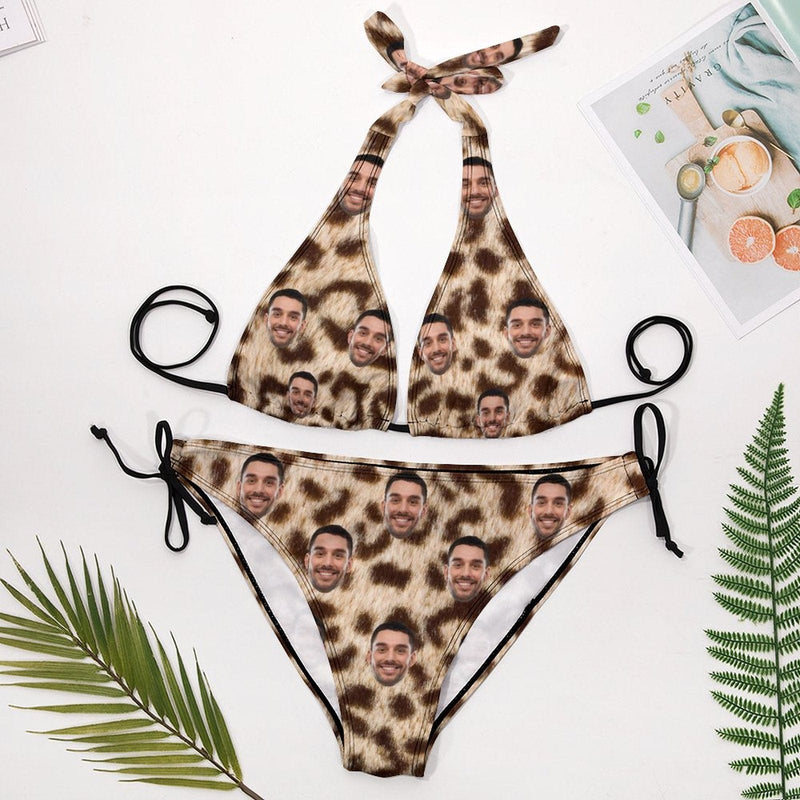 #Plus Size Swimwear-Custom Face Leopard Sexy Plus Size Bikini Two-piece Swimsuit