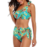 Custom Face Green Pineapple Hawaii Personalized One Shoulder Tie Crop Top & High-Waisted Bikini Swimsuit