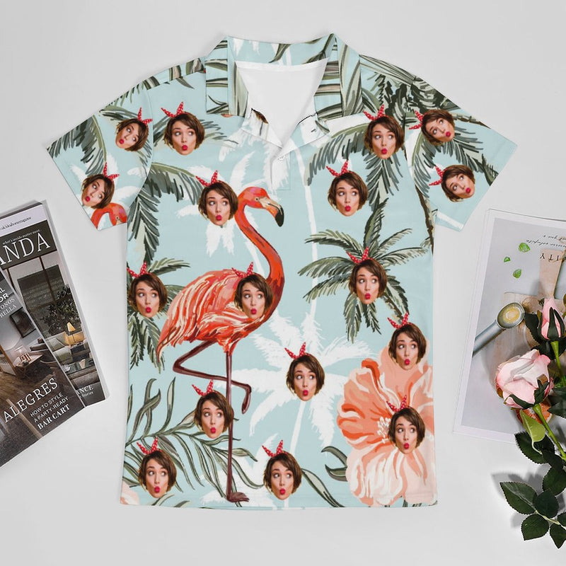 Custom Girlfriend Face Flamingo Polo Shirt For Men Personalized Hawaiian Shirt Gift