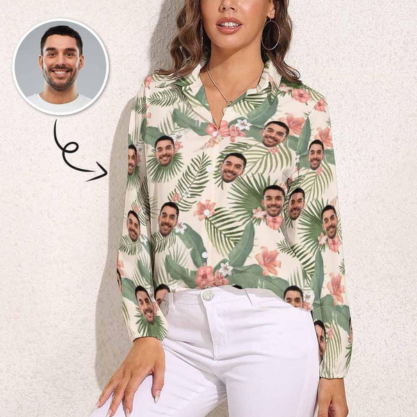 Custom Face Flower Bush Vntage Casual Long Sleeve Hawaiian Shirts