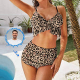 Custom Face Leopard Women's Chest Ruffle Bikini Swimsuit