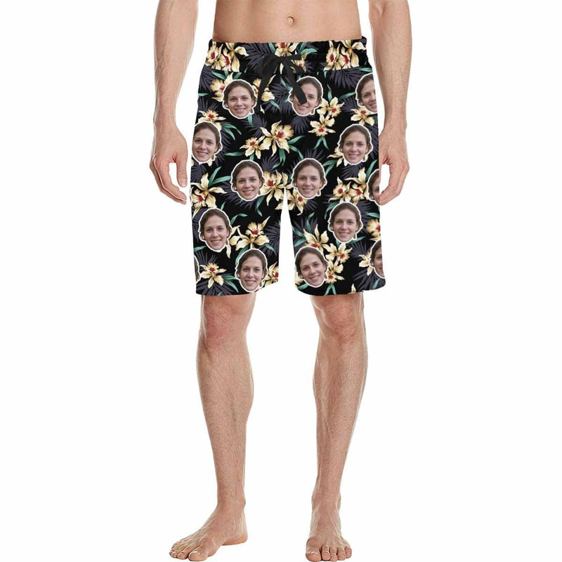 Custom Face Yellow Flowers Personalized Photo Men's Beach Short-Drawstring Short