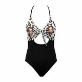 Custom Face Black Leopard Swimsuit Personalized Women's Backless Bow One Piece Bathing Suit