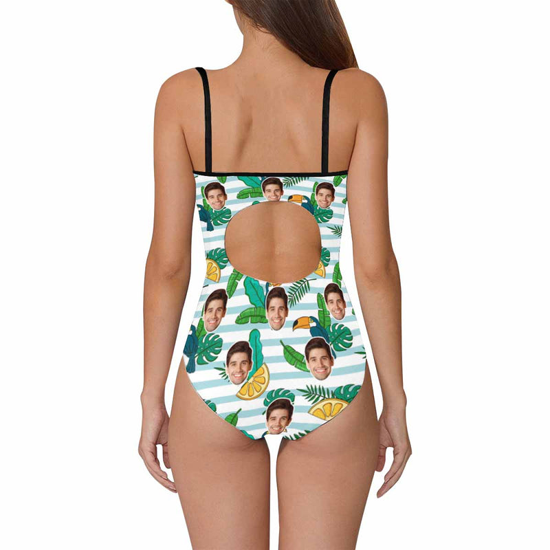 Custom Face Green Leaves And Orange Swimsuit Personalized Women's Slip One Piece Swimsuit