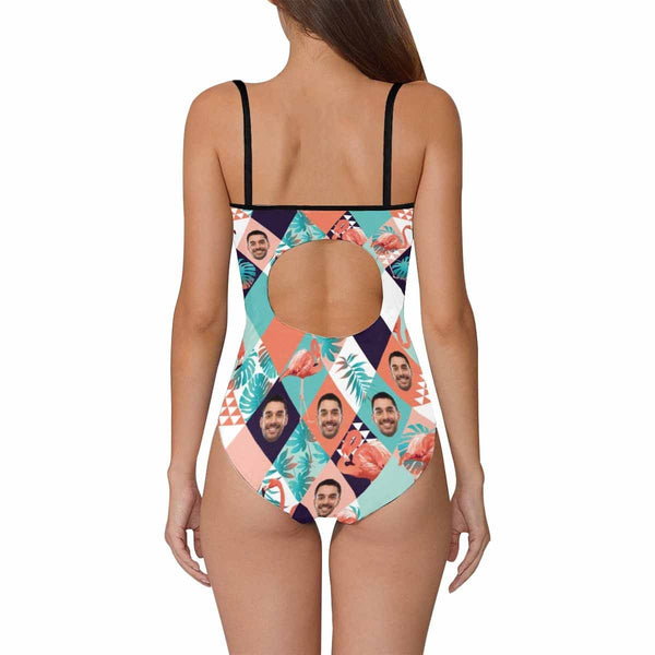 Custom Flamingo&Plant Face Swimsuit Personalized Women's Slip One Piece Bathing Suit Holiday Party For Her