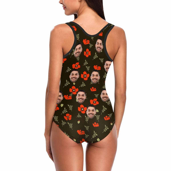 Custom Face Red Flowers Women's Tank Top Bathing Swimsuit