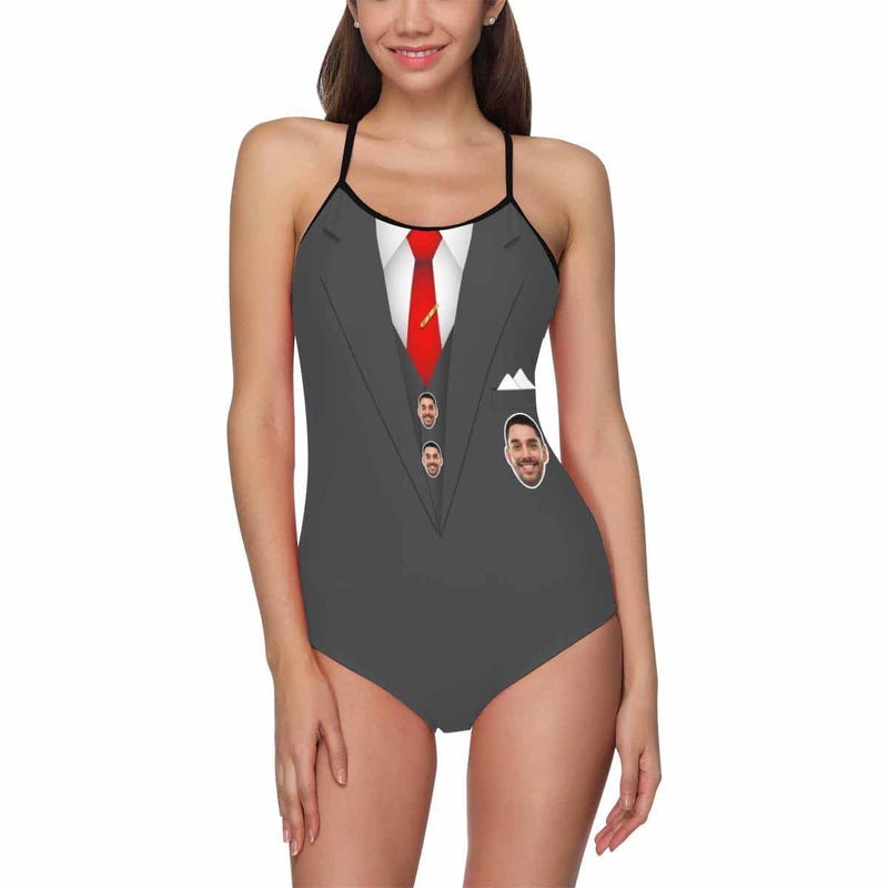 Custom Face Gray Suit Pattern Swimsuit Personalized Women's Slip One Piece Bathing Suit Birthday Party For Her