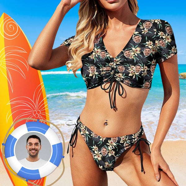 Custom Face Low Toning Swimsuit Personalized Women's New Bikini With Sleeves Vacation Pool Party