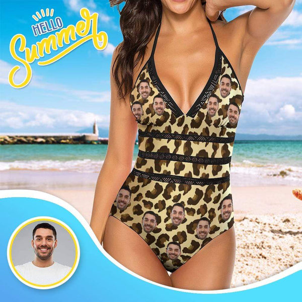 Custom Leopard Face SwimsuitPersonalized Women's New Strap One Piece Bathing Suit Honeymoons Party