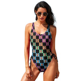 Custom Face Swimsuits Color Grid Personalized Women's New Drawstring Side One Piece Bathing Suit Birthday Gift