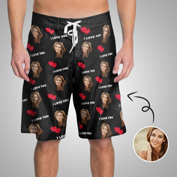 Custom Face I Love You Personalized Photo Men's Beach Short-Drawstring Short