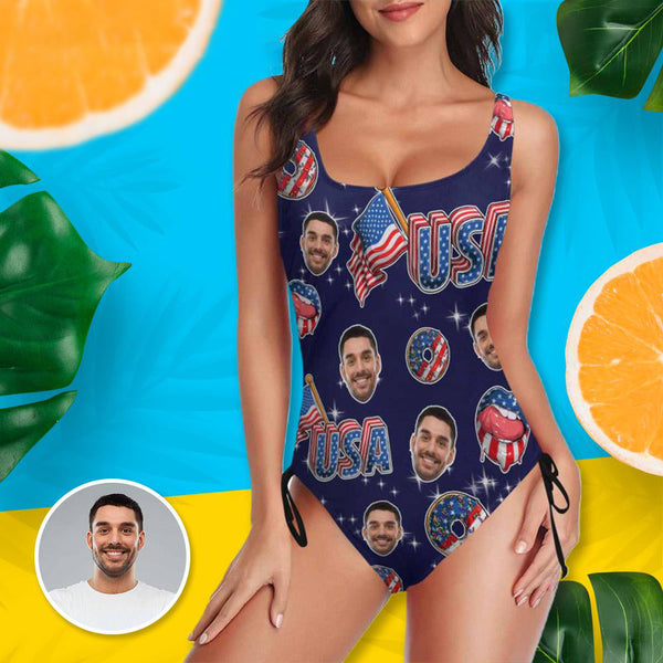 Custom Face USA Flag Swimsuit Personalized Women's New Drawstring Side One-Piece Bathing Suit Celebrate Holiday Party