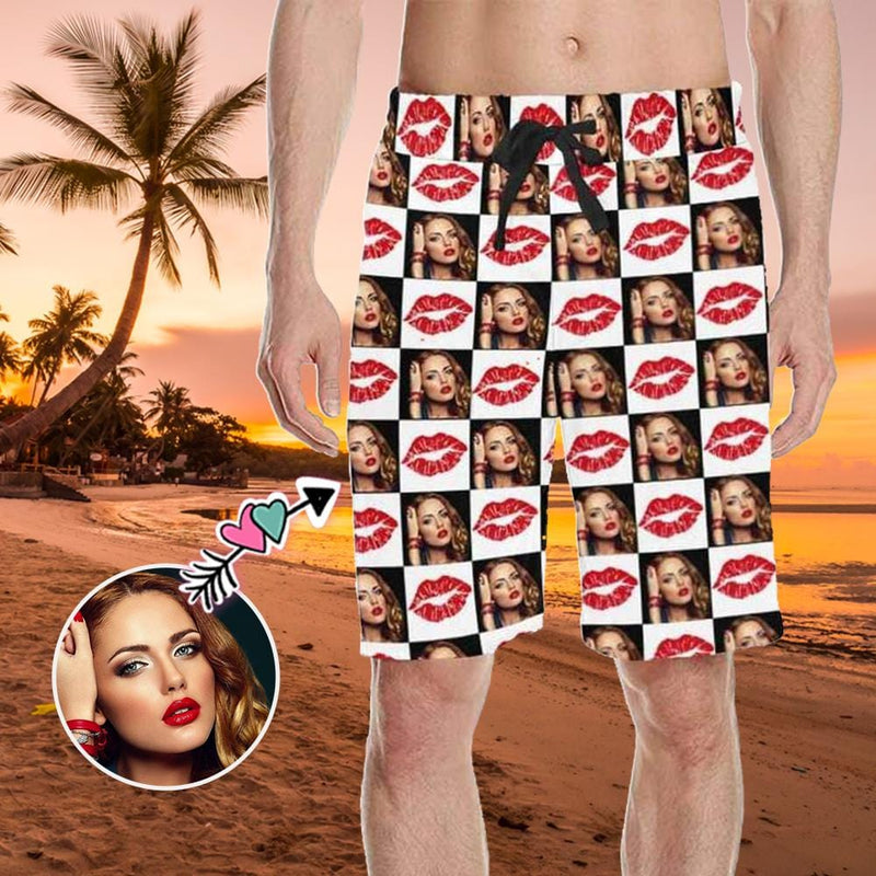 Custom Face Red Mouth Men's All Over Print Casual Shorts