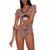 Custom Face Leopard Pink Women's Short Sleeve Bodysuit-Swimsuit-Bathing Suit