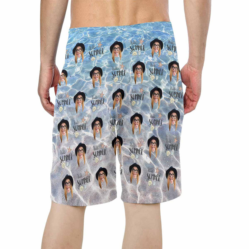 Custom Face Summer Ocean Wave Personalized Photo Men's Beach Short-Drawstring Short