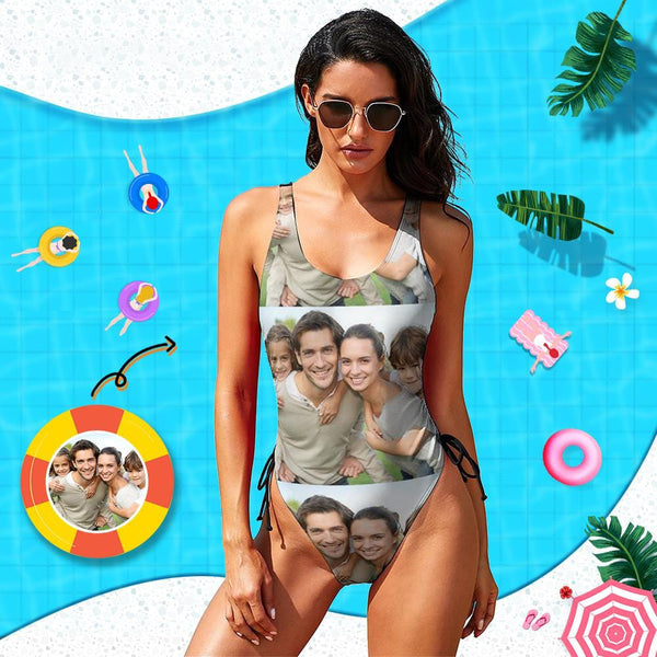 Custom Family Photo Swimsuit Personalized Women's New Drawstring Side One Piece Bathing Suit Birthday Gift For Her